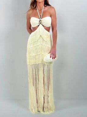 Ivory Fringe Cutout Halter Maxi Dress